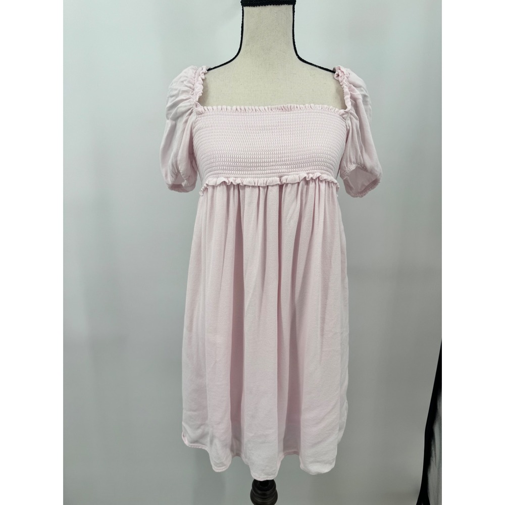 Sun-deh Babydoll Dress Women Size S Pink Smocked Puff Sleeve Mini Dress